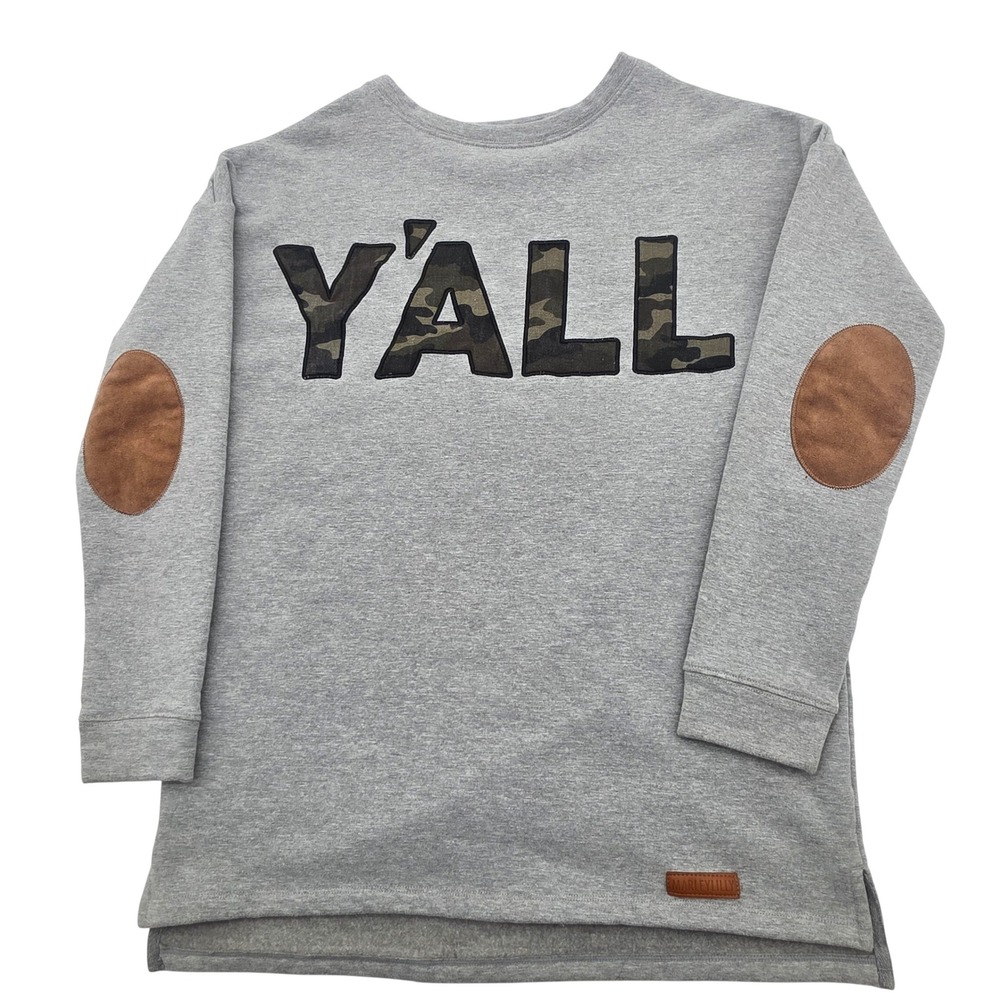 Marleylilly Sweatshirt Women XXS/XS Gray Y'ALL Camo Applique Elbow Patch
